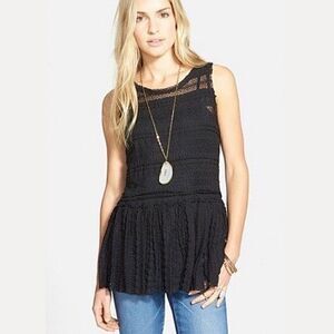 Free People Lace Pucker Ruffle Hem Tunic Sleeveless Top Black XS